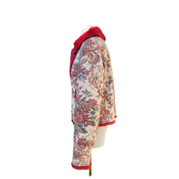 Vtg DB Sport Red Faux Fur Floral Victorian Tapestry Collared Moto Coat Sz M - Picture 3 of 8